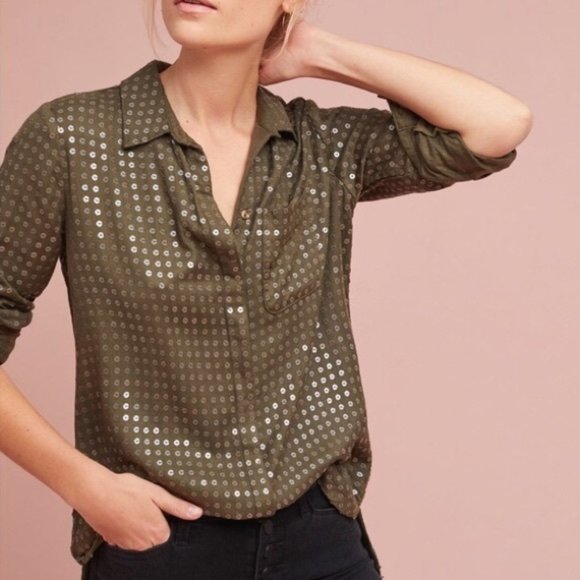 Anthropologie Maeve sequined button down shirt- XS - Picture 2 of 8